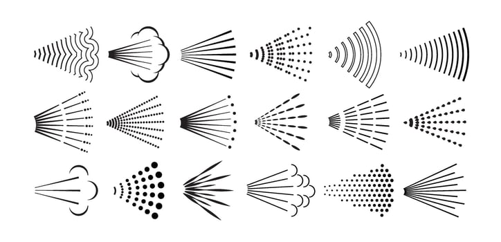 Spray symbols. Aerosol sprayed line, steam nozzle flow cloud, shower streams and spraying water, perfume or deodorant icons. Mist, jet and burst spray patterns set. Sprayer vapor stream vector