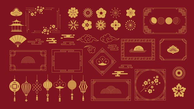 Chinese traditional ornaments frames. Asian decorative borders with lanterns, floral motifs of lotus flower and cherry blossoms. China themed elements set. Chinese lunar new year design vector