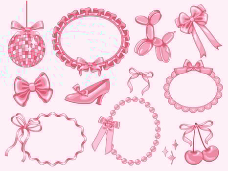 Coquette decorative elements. Girly bows on Y2k ruffled ribbon frame, pump shoe, disco ball and pink cherry. Girl party accessories vintage illustrations. Shiny pink satin gift bow collection vector