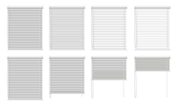 Window blinds open animation. Stages of Venetian blinds opening and closing, horizontal slat blinds options for window decor. Isolated illustration set. vector