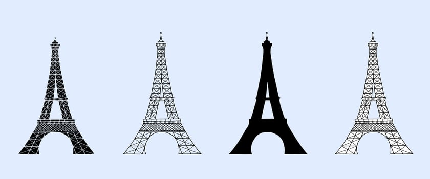 Black silhouette of Eiffel Tower hand drawn illustration. Symbol of Paris. Vintage drawing doodle painted by inks for icon, logo or design vector