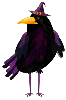 Halloween raven cartoon character wearing witch hat png