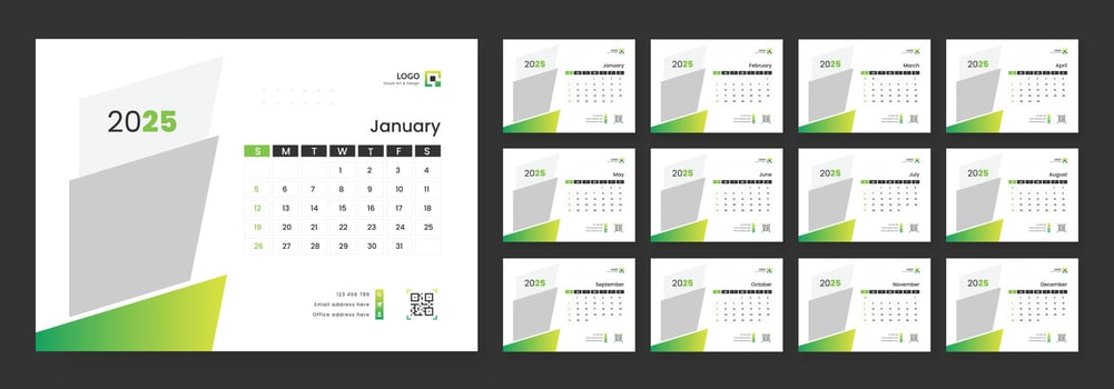 Modern Desk Calendar Template 2025, New Year 2025 table calendar, Minimalist desk calendar 2025 template. Week start on Sunday. vector