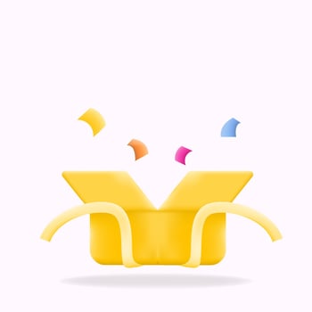 3D illustration of an open yellow gift box with colorful confetti. Perfect for celebrations, promotions, and special events, ideal for element surprise vector