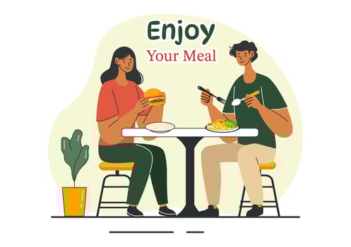 Enjoy Your Meal Illustration of a Variety of Delicious Food in Home or Restaurant Settings in Flat Style Cartoon Background Design vector