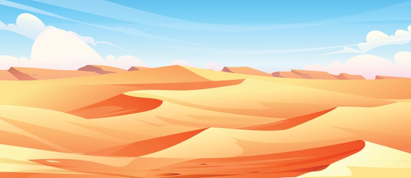 Desert landscape with sand dunes and blue sky. Nature background cartoon illustration vector