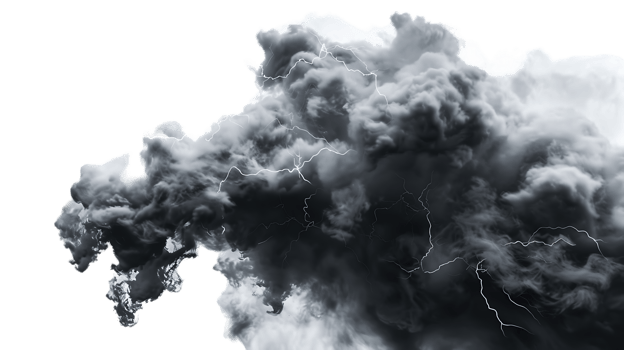 A picture of black storm clouds with intense lightning and smoke available in high resolution png