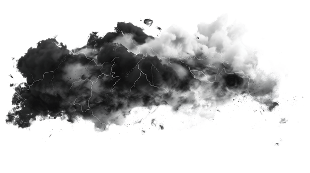 A picture of black storm clouds with intense lightning and smoke available in high resolution png