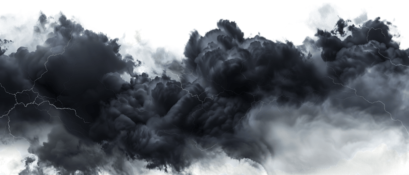 A picture of black storm clouds with intense lightning and smoke available in high resolution png