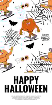 Groovy retro Happy Halloween banner, flyer, poster, brochure. Funky walking character pumpkins. template. vector