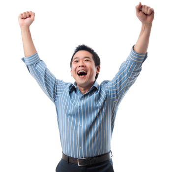 Happy man celebrating success with arms raised, joy and achievement png