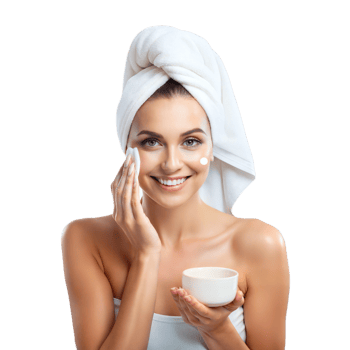 Woman with towel and cream, skincare and beauty routine png