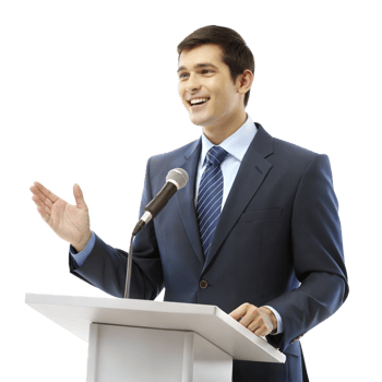 Businessman speaking at podium, giving presentation or speech png