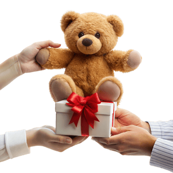 Hands giving teddy bear gift wrapped in red ribbon, symbolizing kindness png