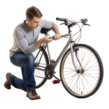 Man repairing bicycle, maintenance and adjustment of bike parts png