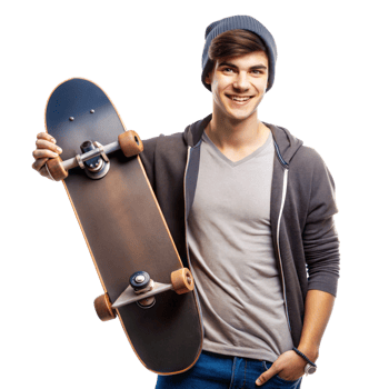 Young man holding skateboard, urban lifestyle and casual attire png