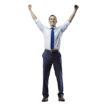 Man celebrating success with arms raised, showing triumph and joy png
