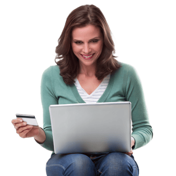Woman using laptop and holding credit card, online shopping and payment png