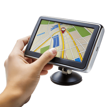Hand using GPS device for navigation, showing map and directions png