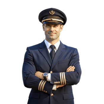Pilot in uniform with arms crossed, standing confidently, representing aviation profession and authority png