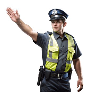Police officer directing traffic with hand raised, emphasizing law enforcement and public safety png