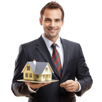 Real estate agent holding model house, symbolizing property sales and housing market png