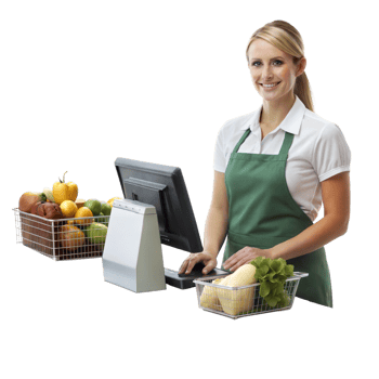 Cashier smiling at checkout counter with fruits and vegetables png