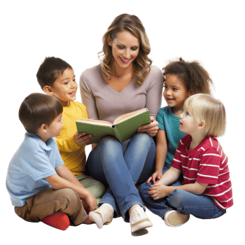 Mother reading a book to a group of five children, enjoying a storytime together png