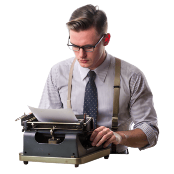 Retro-styled man typing on vintage typewriter png