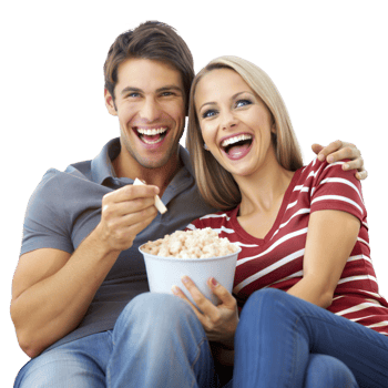 Couple watching a movie and sharing popcorn png