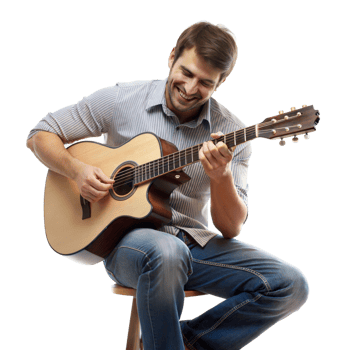 Man playing acoustic guitar, musical instrument and performance, isolated png