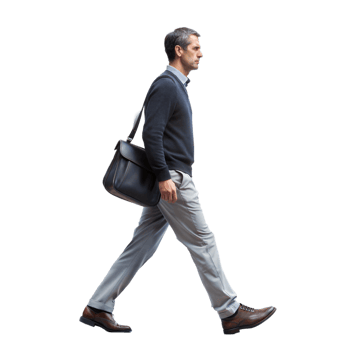 Businessman walking with briefcase, professional attire and movement png