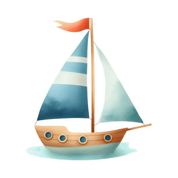 Sea sailboat in pastel colors. Illustration in watercolor style. Sketch of a boat or yacht for children's design in a marine style. Clip art of a ship with a sail for decorating a children's room. png