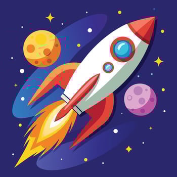 An illustration of a rocket flying through space vector
