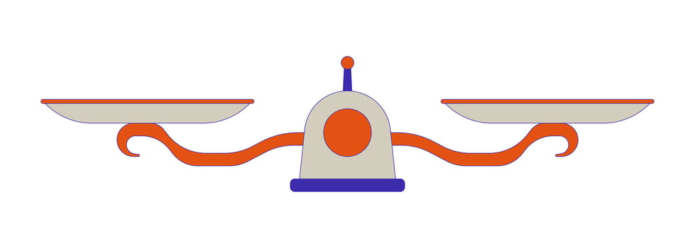 Balance scales 2D cartoon object. Equality equilibrium equipment libra isolated flat element white background. Judge righteousness. Legal system. Measure comparison color spot illustration vector