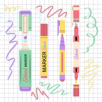 A set of marker and felt-tip pen illustrations. Coloured markers for drawing in flat style. School or office stationery. vector