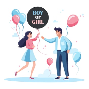 Gender reveal party. The couple holds a balloon with the inscription Boy or girl in their hands. The family dreams of their future child vector