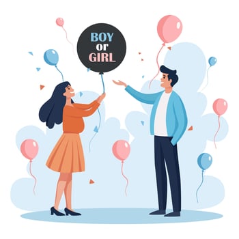 Gender reveal party. The couple holds a balloon with the inscription Boy or girl in their hands. The family dreams of their future child vector