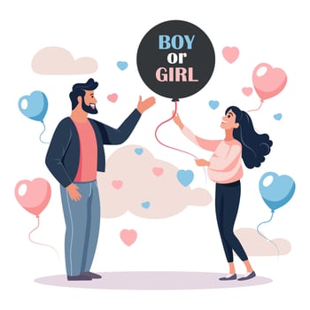 Gender reveal party. The couple holds a balloon with the inscription Boy or girl in their hands. The family dreams of their future child vector