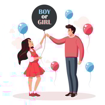 Gender reveal party. The couple holds a balloon with the inscription Boy or girl in their hands. The family dreams of their future child vector