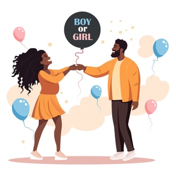 Gender reveal party. The couple holds a balloon with the inscription Boy or girl in their hands. The family dreams of their future child vector