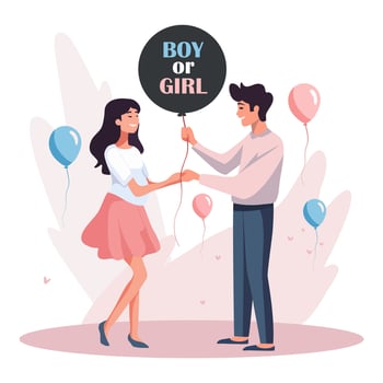 Gender reveal party. The couple holds a balloon with the inscription Boy or girl in their hands. The family dreams of their future child vector