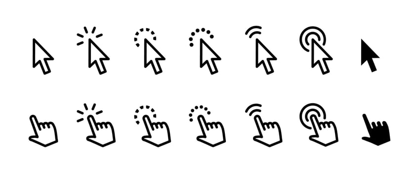 Cursor icon set. Mouse pointer symbol collection. Finger cursor illustration. Arrow click sign. Web interface pointer collection. vector