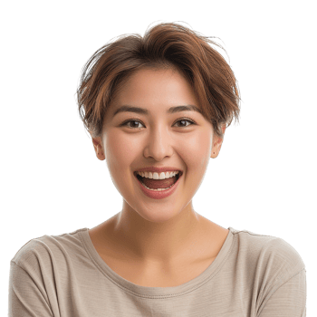 A woman with brown hair and a smile on her face. She is wearing a tan shirt. The image conveys a happy and positive mood png