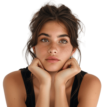 A woman with green eyes and brown hair is looking down at her hands. She has a scruffy, unkempt appearance, which gives her a somewhat sad or contemplative mood png