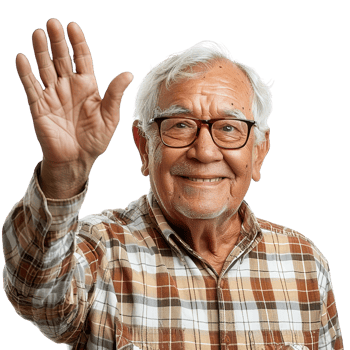 Friendly old man with glasses and a plaid shirt is waving. He is smiling and he is happy png
