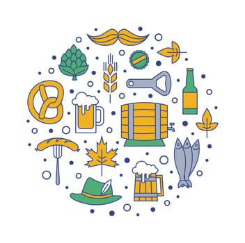 Oktoberfest flat beer line icons for traditional German beer festival. Set of such symbols as beer mug, barrel, bottle, pretzel, hop and more vector