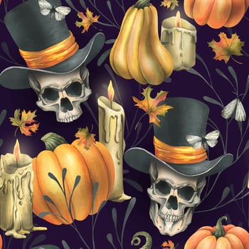 Human skulls in black top hat with orange pumpkins, moth, candles and autumn maple leaves. Hand drawn watercolor illustration for Halloween. Seamless pattern on a dark purple background vector