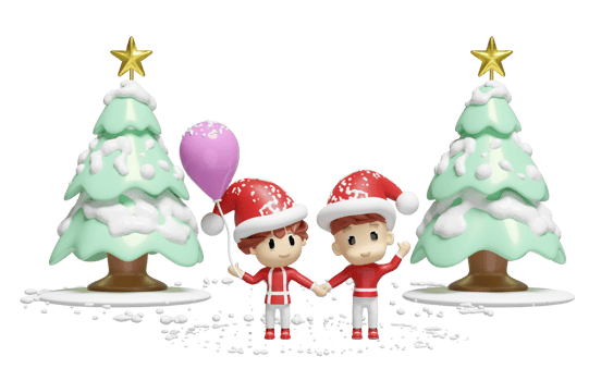 3d santa boy girl holding balloons with green christmas tree isolated. merry christmas and happy new year, 3d render illustration png
