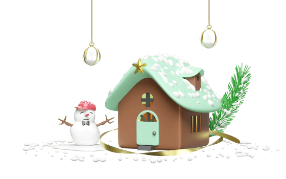 3d green house with snowman, snow globe, pine leaves, snowflake isolated. merry christmas and festive New Year concept, 3d illustration render png